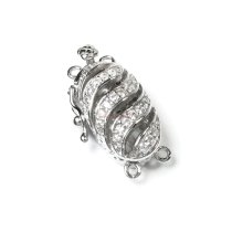 1x Rhodium Plated Sterling Silver Oval Filigree Helix Spiral 2 Strands Pearl Box Micro Pave CZ Crystal Clasp 22mm