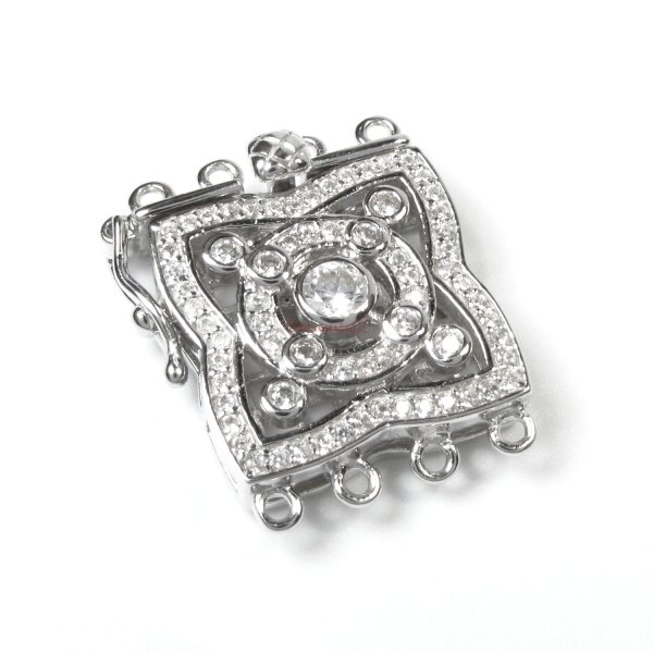 1x Rhodium Plated Sterling Silver Filigree Flower 4 Strands Pearl Box Micro Pave CZ Crystal Clasp 18mm