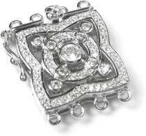 Rhodium-Plated 925 Sterling Silver Filigree Flower 4 Strands Pearl Box Micro Pave CZ Crystal Clasp 18mm - White Gold Finish (18×17×6 mm)