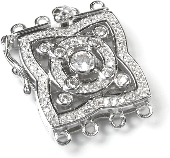Rhodium-Plated 925 Sterling Silver Filigree Flower 4 Strands Pearl Box Micro Pave CZ Crystal Clasp 18mm - White Gold Finish (18×17×6 mm)