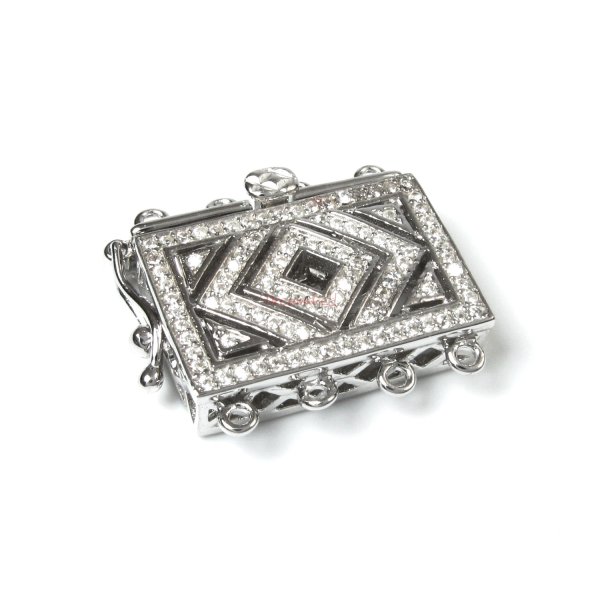 1x Rhodium Plated Sterling Silver Flower Filigree Rectangle 4 Strands Pearl Box Micro Pave CZ Crystal Clasp 18mm