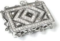 Rhodium-Flower Filigree Rectangle 4 Strands Pearl Box Micro Pave CZ Crystal Clasp — White Gold Finish (18×21×5.6 mm, 1 Set)