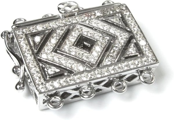 Rhodium-Flower Filigree Rectangle 4 Strands Pearl Box Micro Pave CZ Crystal Clasp — White Gold Finish (18×21×5.6 mm, 1 Set)