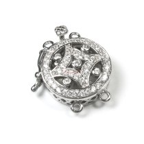 1x Rhodium Plated Sterling Silver Round Filigree 2 Strands Pearl Box Micro Pave CZ Crystal Clasp 19mm