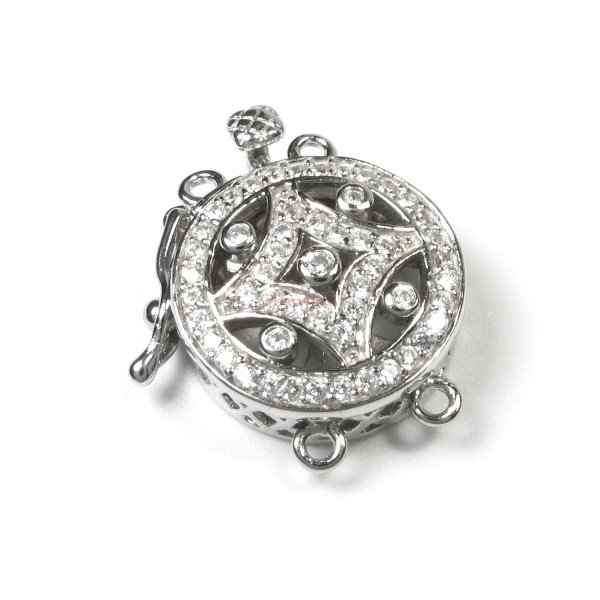 1x Rhodium Plated Sterling Silver Round Filigree 2 Strands Pearl Box Micro Pave CZ Crystal Clasp 19mm