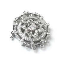 1x Rhodium Plated Sterling Silver Filigree Flower 4 Strands Pearl Box Micro Pave CZ Crystal Clasp 25mm