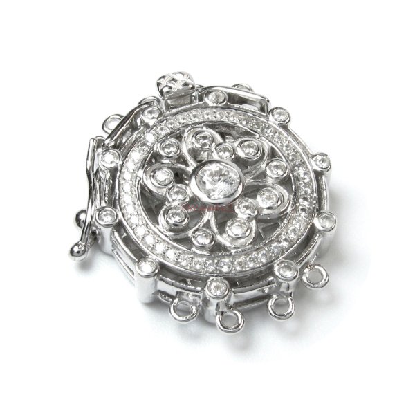 1x Rhodium Plated Sterling Silver Filigree Flower 4 Strands Pearl Box Micro Pave CZ Crystal Clasp 25mm
