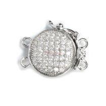 1x Rhodium Plated Sterling Silver Filigree Round 2 Strands Pearl Box Micro Pave CZ Crystal Clasp 16mm