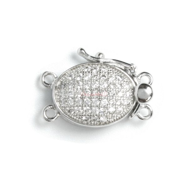 1x Rhodium Plated Sterling Silver Oval 2 Strands Pearl Box Micro Pave CZ Crystal Clasp 18mm