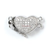 1x Rhodium Plated Sterling Silver Love Heart 2 Strands Pearl Box Micro Pave CZ Crystal Clasp 19mm