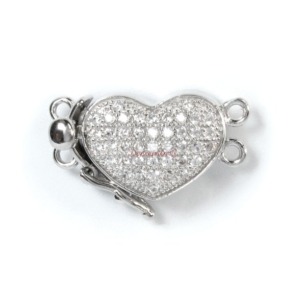 1x Rhodium Plated Sterling Silver Love Heart 2 Strands Pearl Box Micro Pave CZ Crystal Clasp 19mm