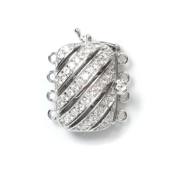 1x Rhodium Plated Sterling Silver Filigree Rectangular Spiral 4 Strands Micro Pave CZ Crystal Pearl Box Clasp 16mm