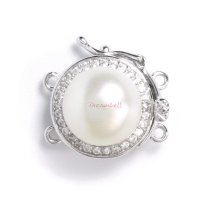 1x Rhodium Plated Sterling Silver Round Fresh Water Pearl 2 Strands Micro Pave CZ Crystal Pearl Box Clasp 18mm