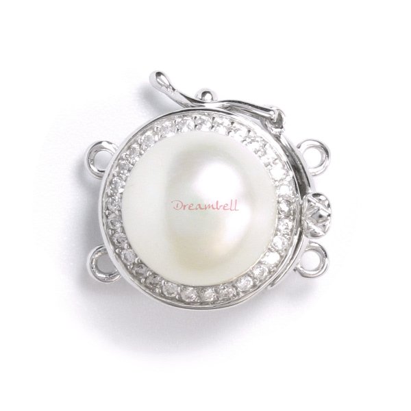 1x Rhodium Plated Sterling Silver Round Fresh Water Pearl 2 Strands Micro Pave CZ Crystal Pearl Box Clasp 18mm