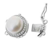 1x Rhodium Plated Sterling Silver Round Fresh Water Pearl 2 Strands Micro Pave CZ Crystal Pearl Box Clasp 18mm