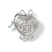 1x Rhodium Plated Sterling Silver Heart 2 Strands Pearl Box Micro Pave CZ Crystal Clasp 16mm