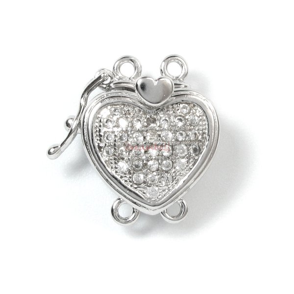 1x Rhodium Plated Sterling Silver Heart 2 Strands Pearl Box Micro Pave CZ Crystal Clasp 16mm