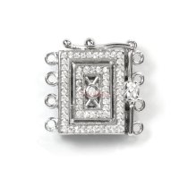 1x Rhodium Plated Sterling Silver Filigree Rectangle 4 Strands Pearl Box Micro Pave CZ Crystal Clasp 17mm