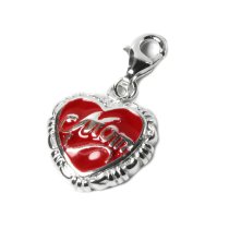1x 925 Sterling Silver Red Enamel Love Mom Heart Mother's Day Dangle Bead Pendant for European Lobster Clip on Charm Bracelets