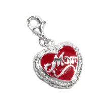 1x 925 Sterling Silver Red Enamel Love Mom Heart Mother's Day Dangle Bead Pendant for European Lobster Clip on Charm Bracelets