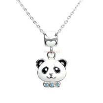 Rhodium on 925 Sterling Silver Lovely Panda Enamel Blue CZ Dangel Bead Charm Pendant w/ Sterling Silver Chain Necklace 14″ + 2″ Extender