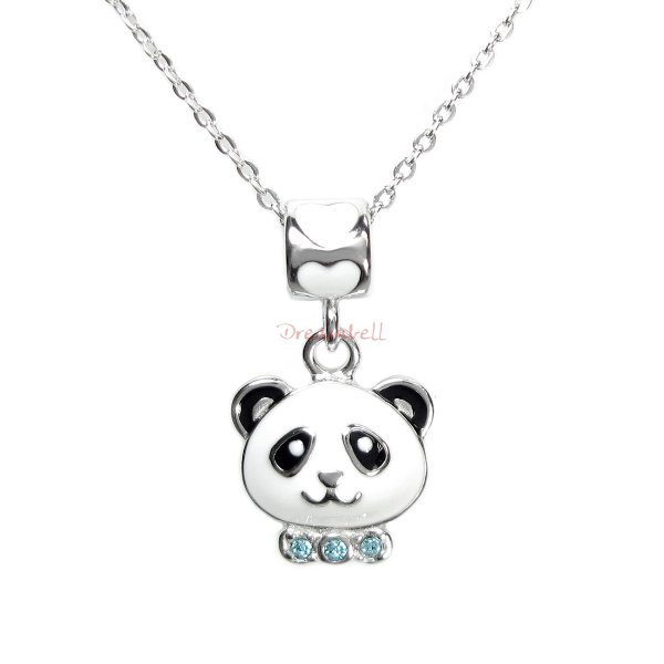 Rhodium on 925 Sterling Silver Lovely Panda Enamel Blue CZ Dangel Bead Charm Pendant w/ Sterling Silver Chain Necklace 14" + 2" Extender