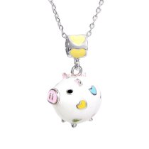 Rhodium on 925 Sterling Silver Children Jewelry Lovely Pig Enamel Bead Charm Pendant w/ Sterling Silver Chain Necklace 14″ + 2″ Extender
