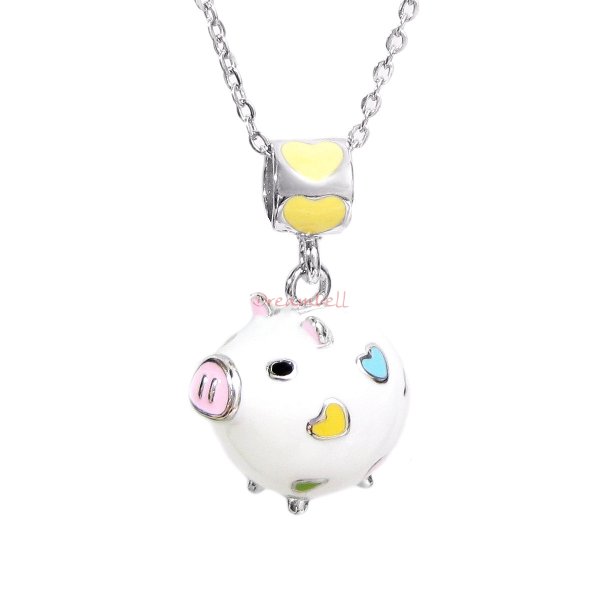 Rhodium on 925 Sterling Silver Children Jewelry Lovely Pig Enamel Bead Charm Pendant w/ Sterling Silver Chain Necklace 14" + 2" Extender