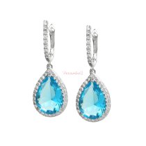 2x Rhodium on 925 Sterling Silver Blue Stone Teardrop Dangle Charm with Clear CZ Crystal Huggie Earring Set