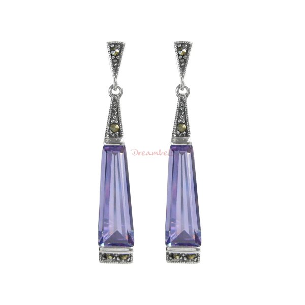 2x Sterling Silver Marcasite Triangular Teardrop Purple CZ Crystal Dangle Stud Earring Post