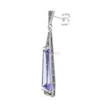 2x Sterling Silver Marcasite Triangular Teardrop Purple CZ Crystal Dangle Stud Earring Post
