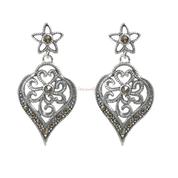 2x 925 Sterling Silver Marcasite Stone Bali Filigree Flower Petal Leaf Charm Dangle Stud Earring Post