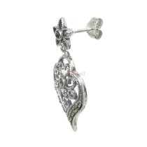 2x 925 Sterling Silver Marcasite Stone Bali Filigree Flower Petal Leaf Charm Dangle Stud Earring Post