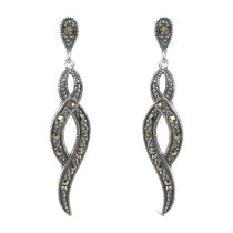 2x Bali 925 Sterling Silver Marcasite Twist Ribbon Flower Charm Dangle Stud Earring Post