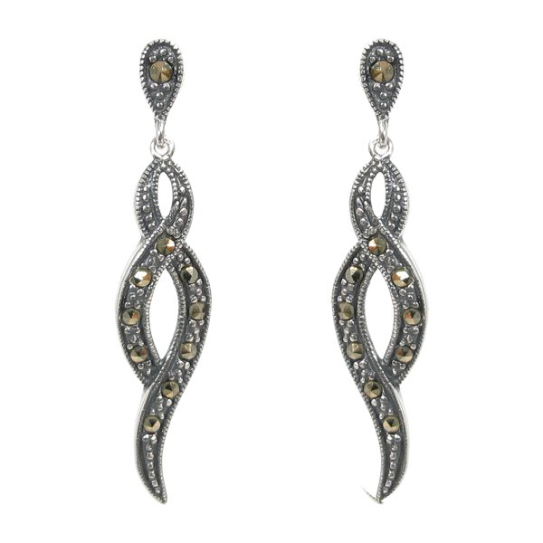 2x Bali 925 Sterling Silver Marcasite Twist Ribbon Flower Charm Dangle Stud Earring Post