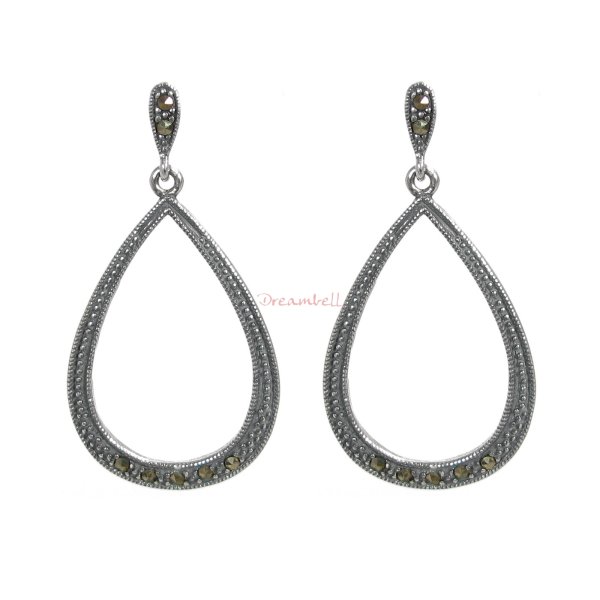 2x Bali Sterling Silver Marcasite Teardrop Loop Dangle Charm Stud Earring Post