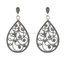 2x Bali 925 Sterling Silver Marcasite Teardrop Filigree Leaf Flower Charm Dangle Stud Earring Post