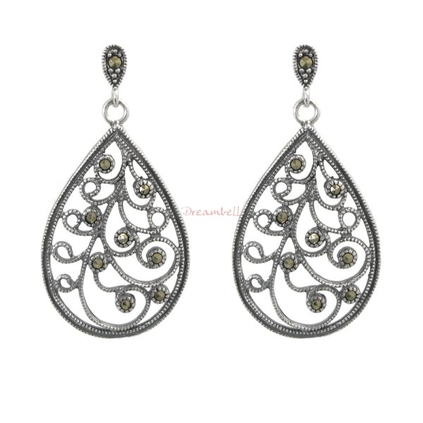 2x Bali 925 Sterling Silver Marcasite Teardrop Filigree Leaf Flower Charm Dangle Stud Earring Post