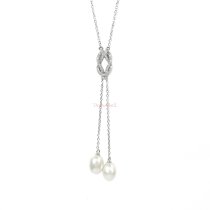 Rhodium on 925 Sterling Silver Clear CZ Crystal Bail White Fresh Water Pearl Charm Dangle Pendant with Oval Ring Chain Lariat Necklace 24″