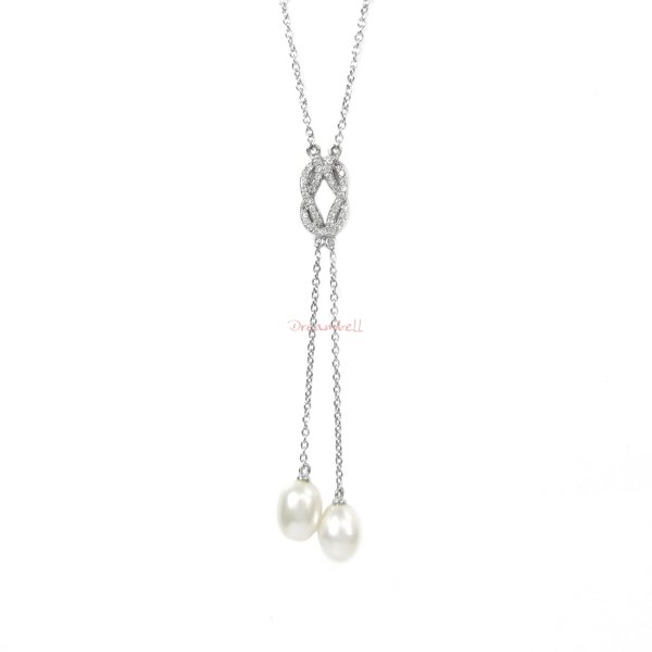 Rhodium on 925 Sterling Silver Clear CZ Crystal Bail White Fresh Water Pearl Charm Dangle Pendant with Oval Ring Chain Lariat Necklace 24"