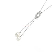 Rhodium on 925 Sterling Silver Clear CZ Crystal Bail White Fresh Water Pearl Charm Dangle Pendant with Oval Ring Chain Lariat Necklace 24"
