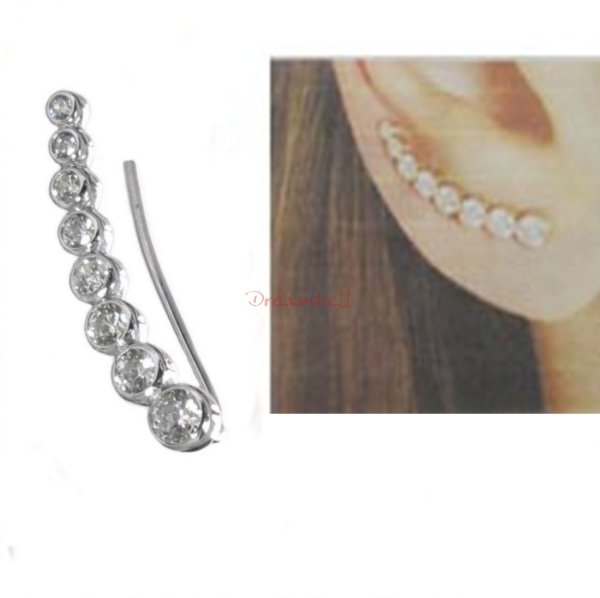 1x Rhodium on 925 Sterling Silver Clear CZ Crystal Dots Earring Cuff French Hook Earwire for Right Ear