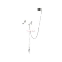 1 Pair 925 Sterling Silver Clear CZ Crystal Dot Stud Post Earring with Chain Dangle Oval Tag Ear Cuff Wrap