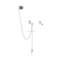 1 Pair 925 Sterling Silver Clear CZ Crystal Dot Stud Post Earring with Chain Dangle Oval Tag Ear Cuff Wrap