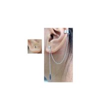 1 Pair 925 Sterling Silver Clear CZ Crystal Dot Stud Post Earring with Chain Dangle Oval Tag Ear Cuff Wrap