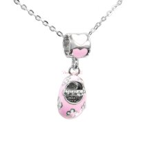 Rhodium on 925 Sterling Silver Lovely Little Baby Girl Shoe Pink Rose Enamel Bead Charm Pendant w/ Sterling Silver Chain Necklace 14″ + 2″ Extender