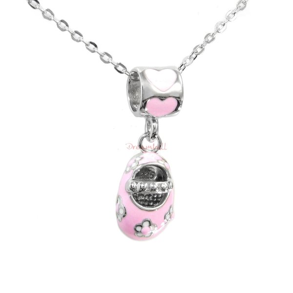 Rhodium on 925 Sterling Silver Lovely Little Baby Girl Shoe Pink Rose Enamel Bead Charm Pendant w/ Sterling Silver Chain Necklace 14" + 2" Extender