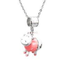 Rhodium on 925 Sterling Silver Lovely Cow Pink Rose Enamel Bead Charm Pendant w/ Sterling Silver Chain Necklace 14″ + 2″ Extender