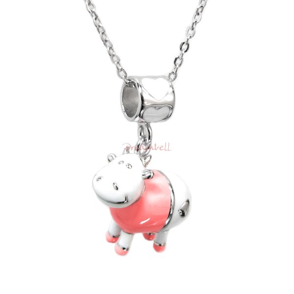 Rhodium on 925 Sterling Silver Lovely Cow Pink Rose Enamel Bead Charm Pendant w/ Sterling Silver Chain Necklace 14" + 2" Extender