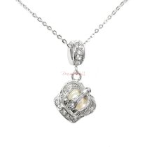 Rhodium on 925 Sterling Silver Crown White Fresh Water Pearl Clear CZ Crystal Dangle Bead Charm Pendant w/ Sterling Silver Chain Necklace 14″ + 2″ Extender